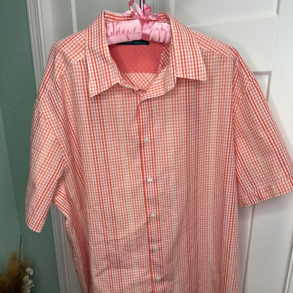 Perry Ellis 2XL Mens plus size short sleeve button up orange and white checkered